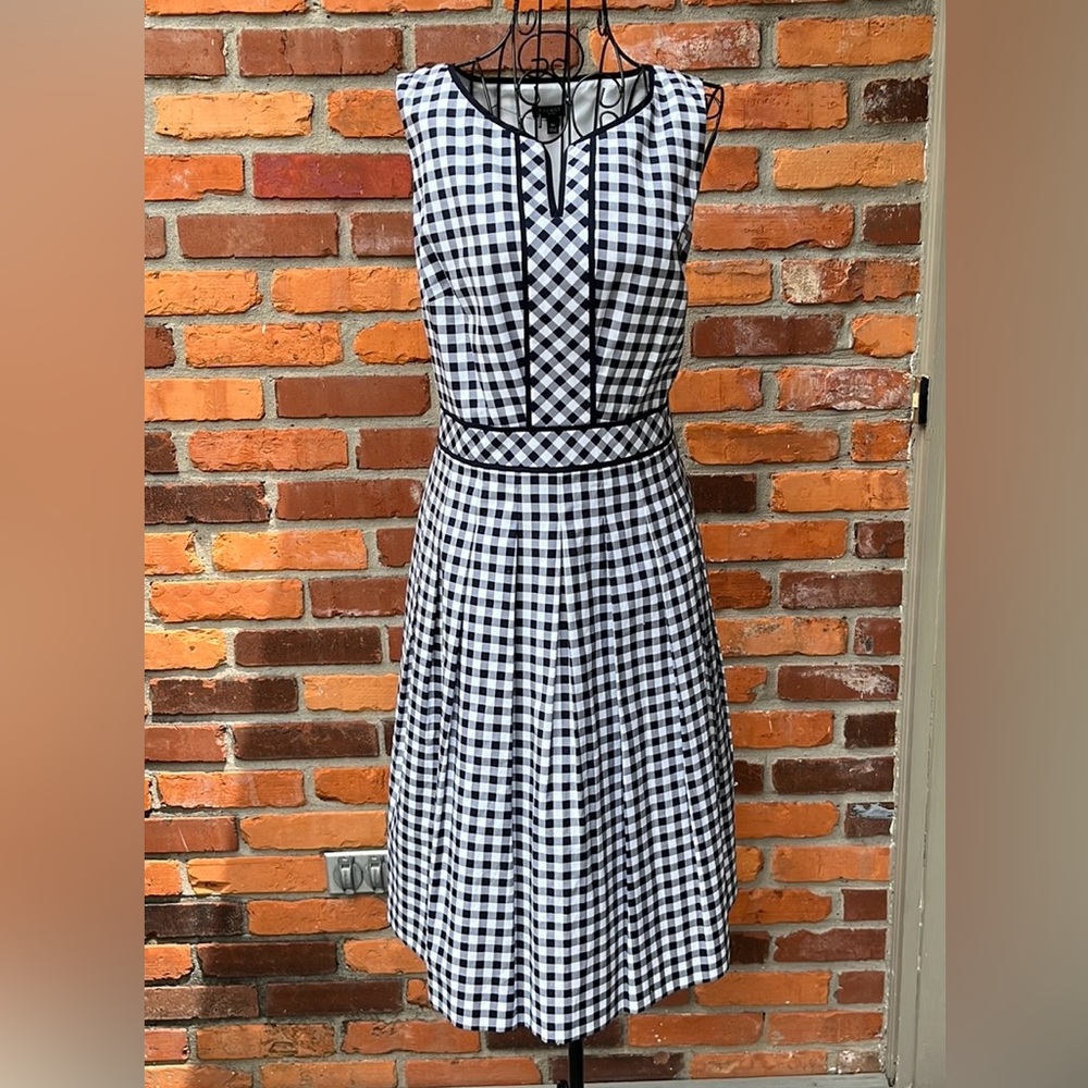 NWOT Talbots Blue & White Gingham Check Sleeveless Pleated Dress Size 8P - Picture 1 of 15